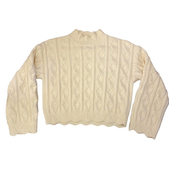 Cider Cream Mock Neck Fish Scale Detail Edge cable Knit Pullover Sweater Large - Picture 1 of 7